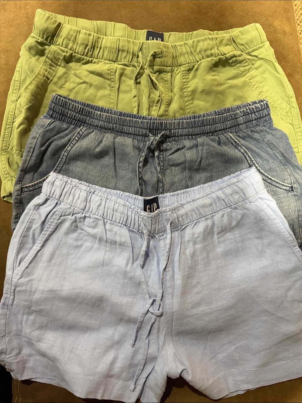 Trio of Linen-Blend Drawstring Shorts in army green, Denim Blue, and Light Blue